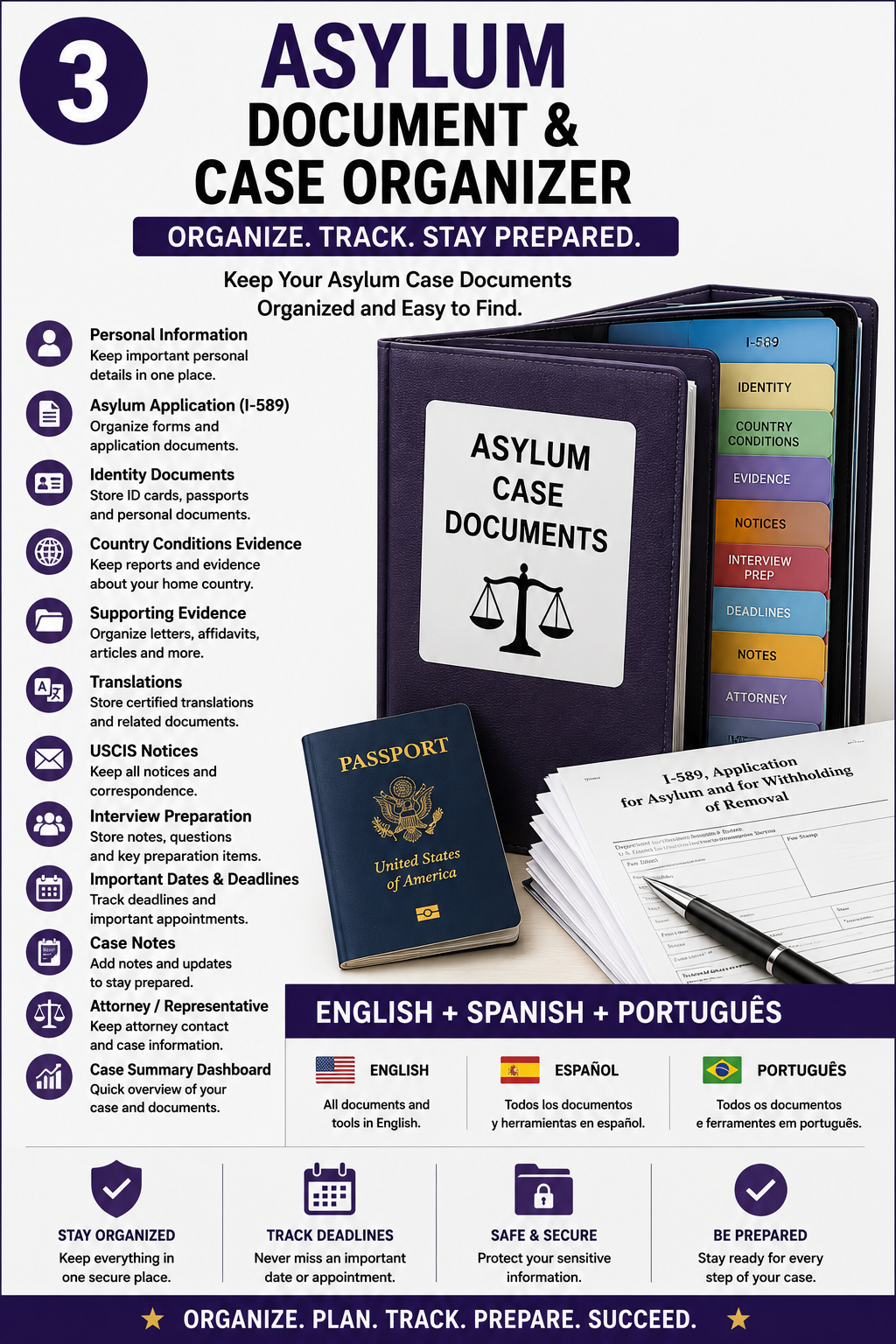 Asylum Document & Case Organizer — English + Spanish + Portuguese