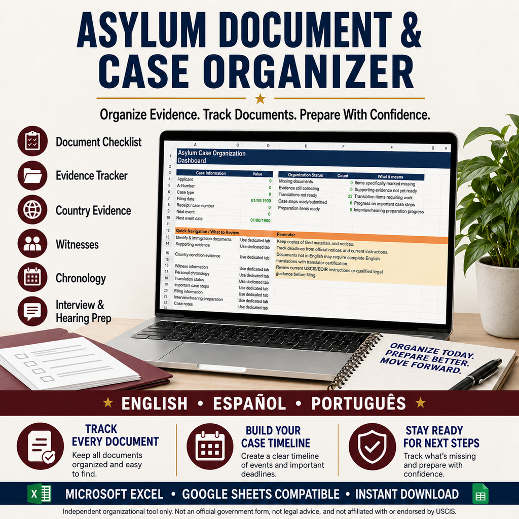 Asylum Document & Case Organizer — English + Spanish + Portuguese