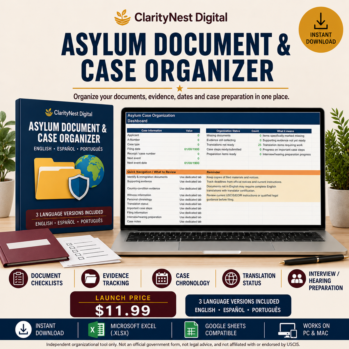 Asylum Document & Case Organizer — English + Spanish + Portuguese