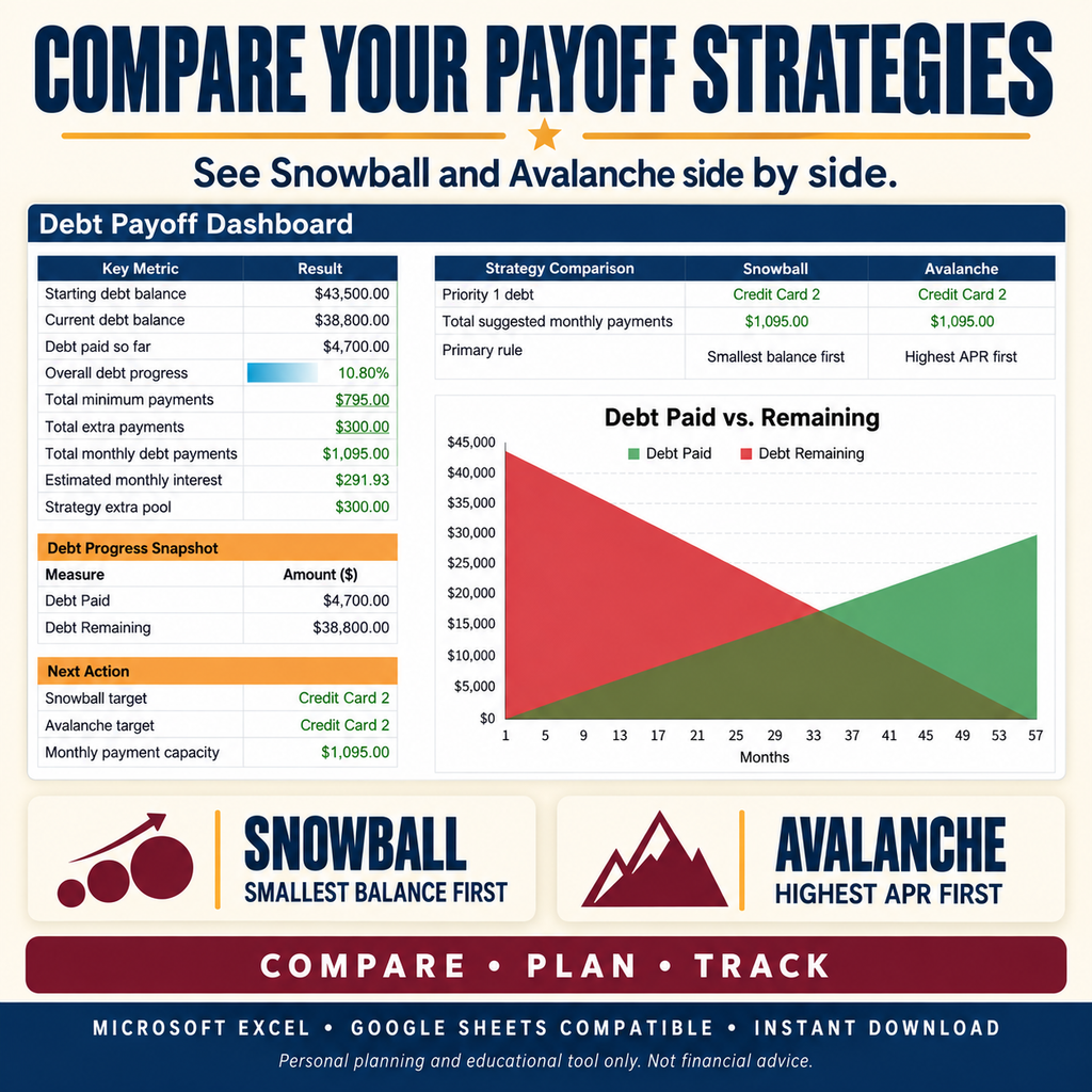 Debt Payoff Calculator Spreadsheet (Google Sheets & Excel) — Snowball vs. Avalanche