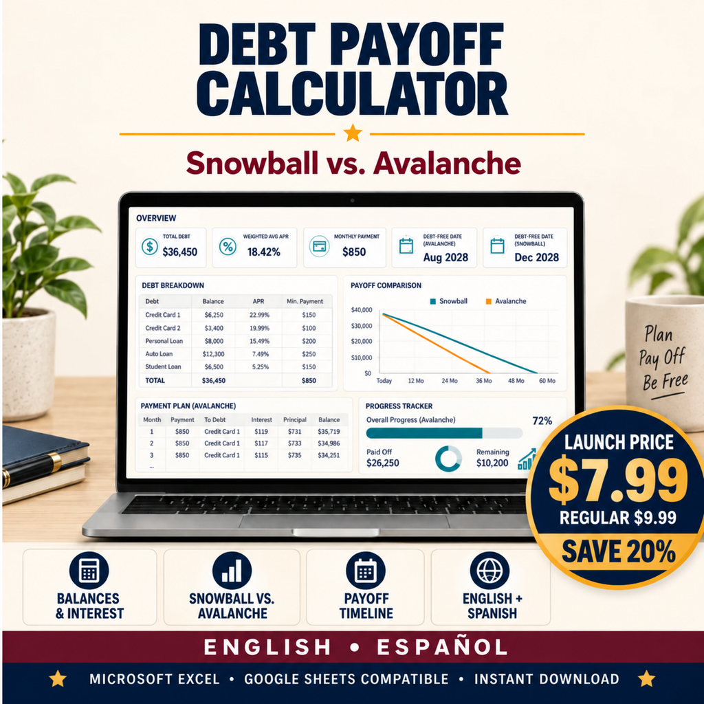 Debt Payoff Calculator Spreadsheet (Google Sheets & Excel) — Snowball vs. Avalanche